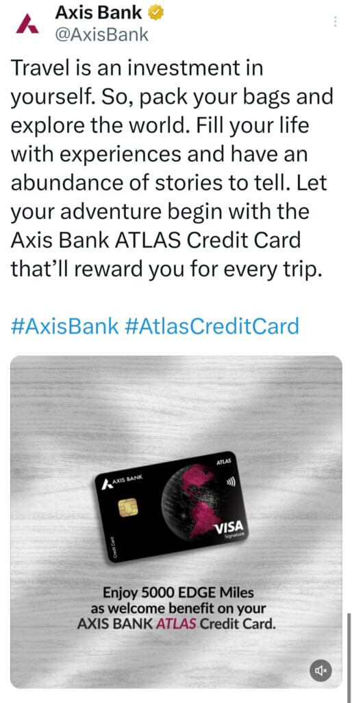Official tweet from Axis Bank on Atlas Credit Card