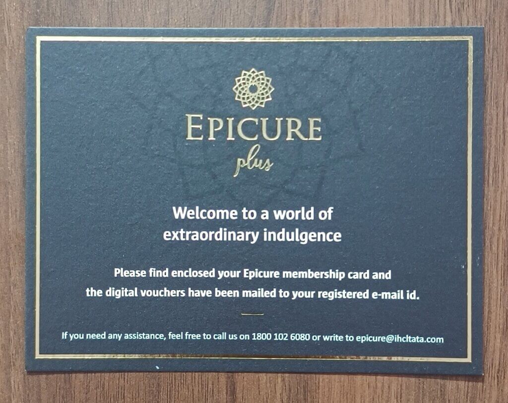 Welcome card of Taj Epicure Plus Membership